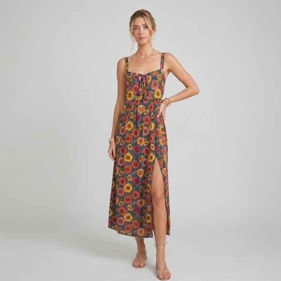 NATURAL LIFE Dresses & Skirts - Natural Life Patti Maxi Dress L Teal Sunflower Tie Front Empire Waist Side Slit
